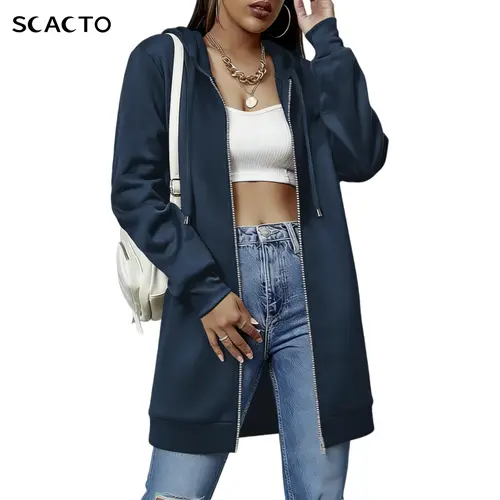 Scacto Minimalist Women Casual Zip up Fleece Hoodies Tunic Sweatshirt Long Hoodie Jacket Long Sleeve fitted striped knitwear summerwins,back to school,back to school shopping Outerwear,sohochic