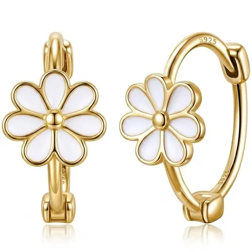 Exquisite Small Daisy Flower Hoop Earrings for Women - Genuine S925 Sterling Silver, 18K Gold Plated, Hypoallergenic White Enamel, Small Hinge Style (0.6cm Flower, 1.2cm Dia),summerwins Hoop Jewelry, Cute Daisy Hoops,sohochic