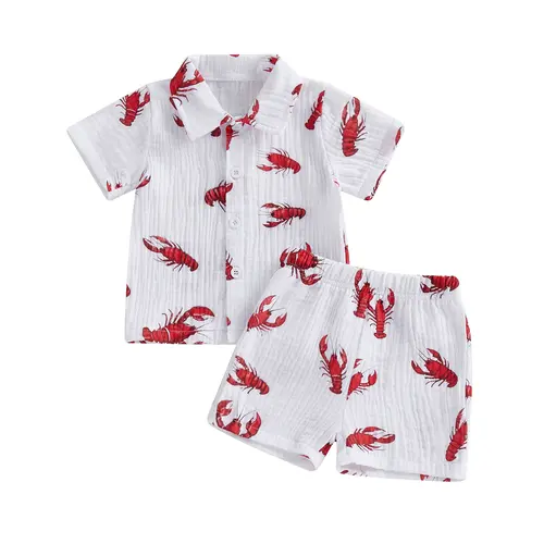 [Lullaby] Cute Cotton Blend Baby Boys 2-Piece Casual Wear Set, Short Sleeves Shirt with Dinosaur/Bus/Crayfish Print & Elastic Waist Shorts Summer Outfit Clothes