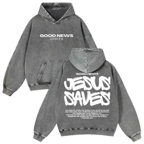 Men's Jesus Saves Graphic Hoodie, 380g Thick Cotton Casual Long Sleeve, Vintage Washed Fit Sweatshirt,sohochic