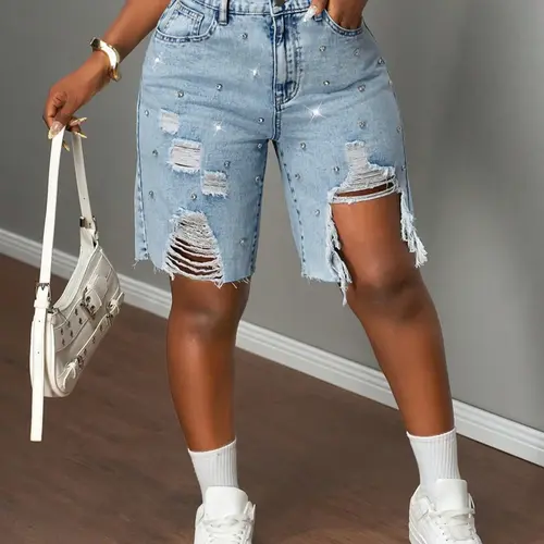 Women's New Fashion Light Wash Denim Shorts, Casual Fitted Rhinestone Decor Button Fly Jorts, Multiple Colors Available, Ripped Design, Trendy Women's Washed Shorts, Fashion Pocket Shorts, Casual Fashionable Shorts