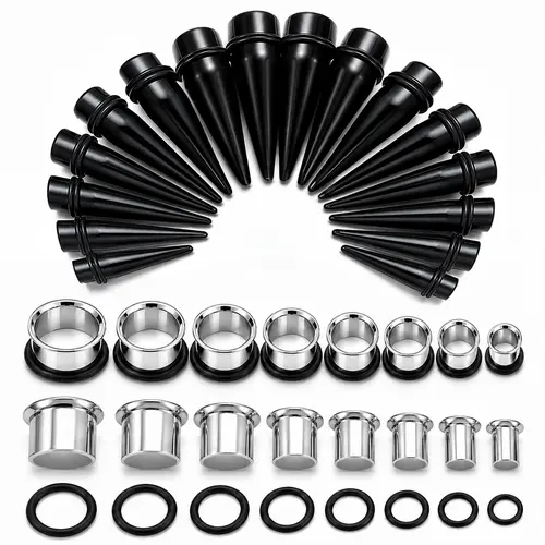 BodyJ4You Ear Stretching Kit: Black Steel Tunnels & Acrylic Tapers, 00G-25mm