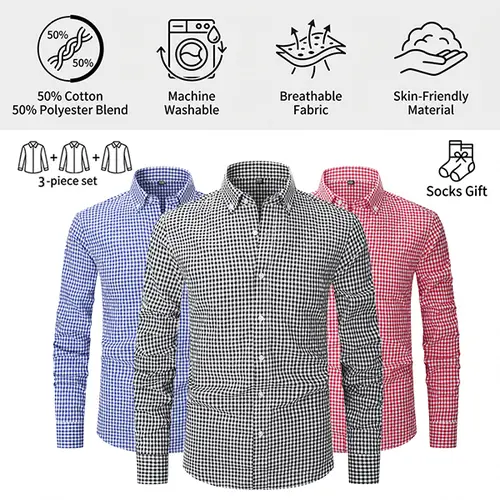 【3PCS】Men's plaid shirt; casual daily breathable long-sleeved stretch button-down collar men's coat. camisas  mangalarga  para  hombres Menswear Top