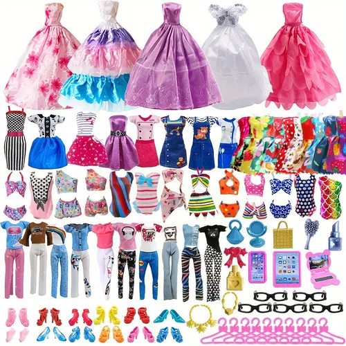 High Quality 11.5-Inch Unisex Doll Costume 53pc Mix & Match Pack - 5 Outfits, 3 Dresses, 3 Bikinis, 5 Glasses, 10 Shoes, 10 Hangers, Cosmetics, Durable, Easy to Put On & Take Off for Role-Playing, Birthday Gifting, Variety,sohochic