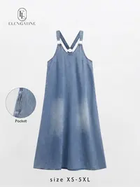 Elengatine Lady's Strappy Sleeveless Denim Maxi Dress - Back Straps, A-Line, Lightweight Basic Elegant Fit, Medium Blue Wash, Summer Casual for Vacation/Everyday Wear, Multiple Sizes