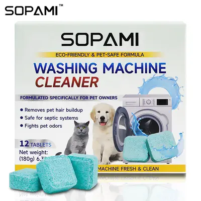 SOPAMI Washing Machine Cleaner Tablets 12 count formulated for pet owners fragrance free neutralizes pet odors removes pet hair buildup safe for septic systems dissolves dirt and residue keeps washer fresh easy to use with hot cycle, Laundry, Degreaser De