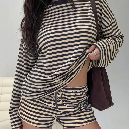 Vintage Striped Casual Everyday Women's Cozy Lounge Set, Loose Fit Round Neck Long Sleeve Top with Adjustable Drawstring Shorts, Comfortable Home Wear, Spring & Fall