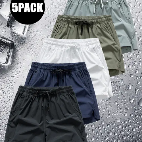 URMCZ Men's 5-Pack Active Quick-Dry Bermuda-Length Athletic Shorts - Lightweight Nylon-Elastane Blend, Breathable Men's Clothing, Fitted Cut with Zipper Pockets for Gym, Running