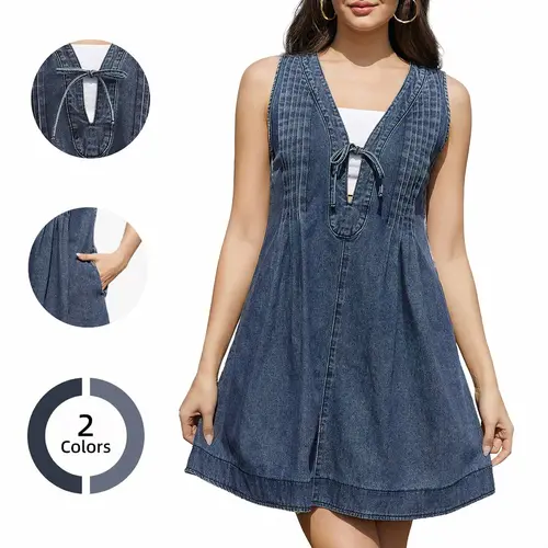 Chicovar Women's Oversized Vintage Denim Mini Dress ,Sleeveless V-Neck Tie Front Ruffle Layered A-Line Tunic with Pockets & Front Pleats, Casual Outfit,Fashion, Summervibes