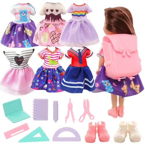 Handmade 16-Piece Soft and Durable Miniature Doll Clothing & Shoes Accessories Set for 5.3-Inch Unisex Dolls - 5 Dresses, School Backpack, 8 Random-Color Learning Tools, Children's Developmental Imaginative Play Toys,sohochic