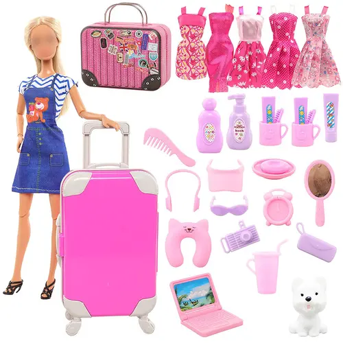 Handmade 11.5in Girl Doll Toy Luggage Set with Velcro - 1 Luggage, 5 Dresses, 21 Toiletries, Puppy, 1 Computer, Travel Clothes, 32 Pcs Miniature Doll Accessories - Easy Role-Playing Holiday-Ready Little Gift for Girls (Thanksgiving/Birthday),sohochic