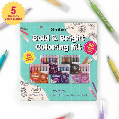 Grabie 5-Themes Value Bundle Art Kits - Bold & Bright Coloring Kit, Ultra-Smooth 1.0mm Precision Point High-Opaque Acrylic Gel Pen, Unleash Creativity, High-Quality Result, Colorful Gel Pen