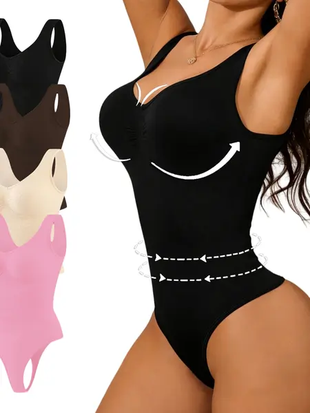 Women’s Elastane Ribbed Dusty Rose Seamlessly Designed V-Neck Sleeveless Shaper Jumpsuit - Abdominal Control Shapewear Bodysuit, No Padding Invisible Tight Faja Basics for Summer, Valentine's Day