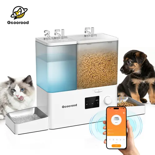 Geoorood 2-in-1 Automatic Pet Feeder & Gravity Dispenser Set with Stainless Steel Bowls - 8.5L/36Cups Food Capacity, Customizable Feeding Plan, Auto Filling, Easy Cleaning for Cats Small Dogs, Power Supply, 3.5L, 5L Food