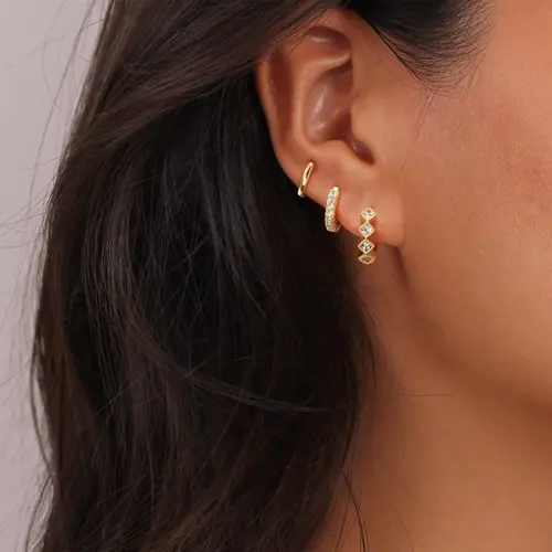 Pancert Women's 3-Piece Geometric Hoop Earring Stack - Hypoallergenic Metal Coating Gold Embellished Daily Earring Stacking Set with Rhombus Zircon Charm Mix-and-Match Mini Hoops,sohochic