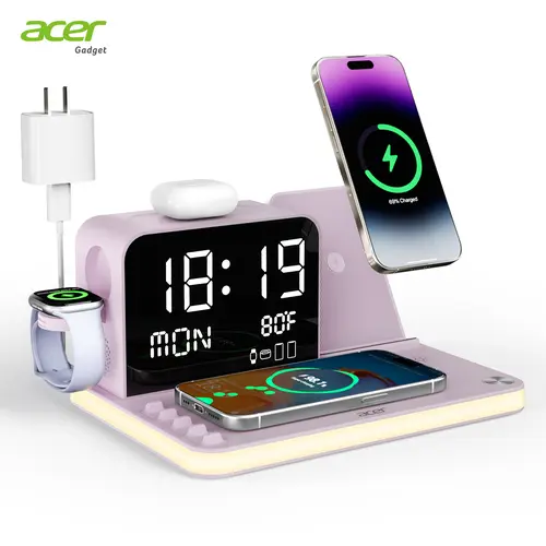 Acer 7 in 1 Wireless Charging Station Charger with Clock, LED Night Light & Temperature Display, USB-A & USB-C, Magnetic MagSafe – for iPhone, Android Phone, Apple Watch & AirPods, Gift summerwins