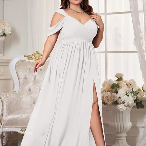 Elegant Chic V Neck Backless Ruched Waist Chiffon Maxi Dress, Womenswear, Formal Dresses, Formal Gowns, Wedding Attire, High Slit Bridesmaid Gown, Solid Color Flowy A-Line Dress, Perfect for Weddings