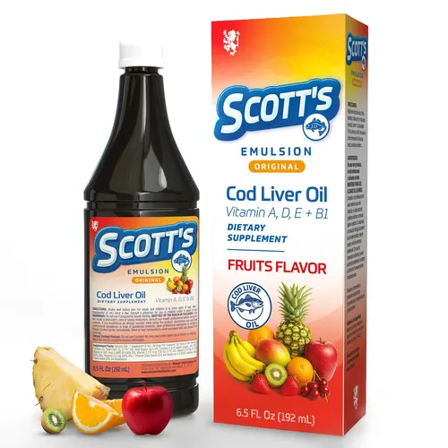 Scott's Emulsion Cod Liver Oil Supplement for Kids - Fruit Flavor Liquid - A+D Children Vitamins & Supplements - Supports Growth, Immunity, Bone & Brain Health - 6.5 Fl Oz Dietary Aid