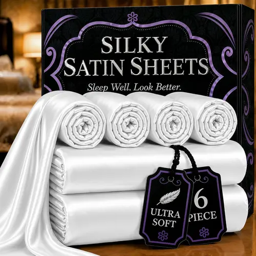 DECOLURE 6-Piece Satin Bed Sheet Set, Silky Satin, 15in Deep Pocket Silky Fitted Sheet, Wrinkle-Resistant, Fade-Resistant, Machine Washable, Low Fuss, Hair-Safe, Cool Temp Control, Gifts for Women