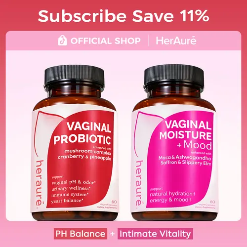 HerAuré Balanced & Moist Bundle - pH Balance, Odor Control, Stress Relief, Energy, Relaxation, Flora Health - 7B CFU Probiotic, 7-in-1 Mushroom Blend, Prebiotic, Ashwagandha, Saffron, Maca, Slippery Elm, Sea Moss, beach essentials, Deals For You Days summ
