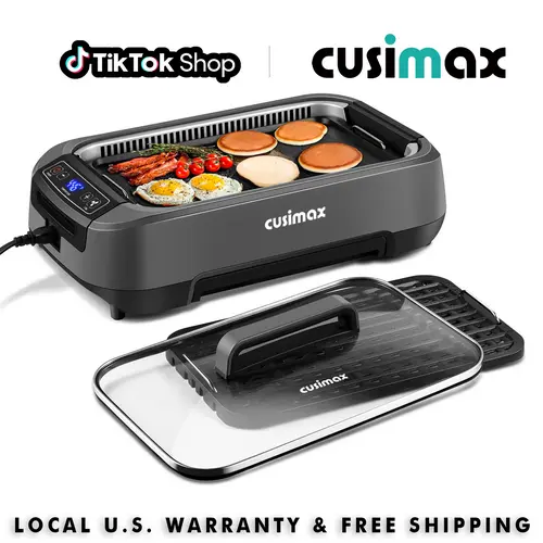 CUSIMAX 1500W Nonstick Smokeless Electric Indoor Grill - Korean BBQ Style, Small Footprint, Removable Plate, LED Display, Tempered Glass Lid, Grill Rack, Grey for Indoor Cooking, Nonstick Smokeless Grills,SummerFinds,home essentials,sohochic