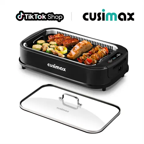 CUSIMAX Smokeless Portable Electric Barbecue Grill - 1500W Compact Stainless Steel Indoor Household Appliances, Turbo Smoke Extractor, Nonstick Removable Pan, Glass Lid, Grill & Griddle for Home Cooking, Portable Barbecue Grill,SummerFinds