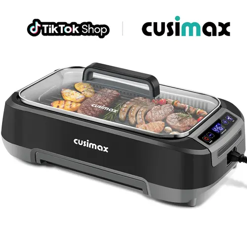 CUSIMAX 1500W Power Smokeless Indoor Electric Grill - Compact Korean BBQ, LED Display, Tempered Glass Lid, Non-Stick Removable Cooking Grill Plate, Turbo Extractor, Space-Saving Small Footprint, Easy-Remove Design, Black New Model,sohochic