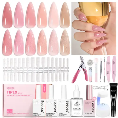 Beetles Tipex Nail Art Kit with Gel Polish, 192pcs Tipex Nail Tips with Gel Nail Polish Solid Nail Glue Base & Top Coat DIY Manicure Cutics Gift for Women Girls mothersdaygift #Summervibes outdoorfun, Gel Nail Polish Set