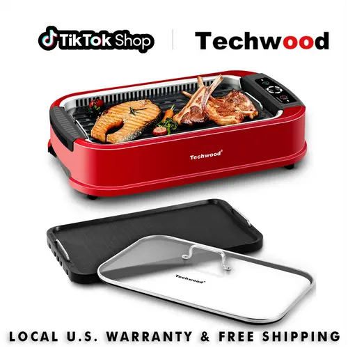 Techwood 1500W Nonstick Smokeless Indoor Electric Grill & Griddle - Corded Portable Barbecue Grill, Tempered Glass Lid, Korean Turbo Smoke Extractor, Drip Tray Cleanup, Double Removable Cooking Plates, Compact Black Mini Rack, Indoor BBQ Ready, Grill And