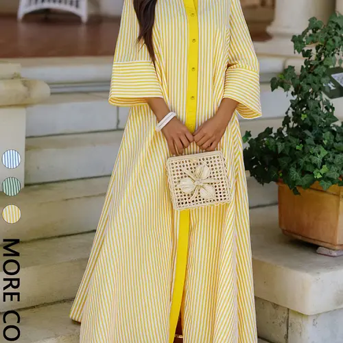 Elegant Women's Striped Button Front Dress, Casual Loose-Fit Lapel Hem, Perfect for Beach Vacations, Streetwear, Daily Wear, Loose Fitting Dress