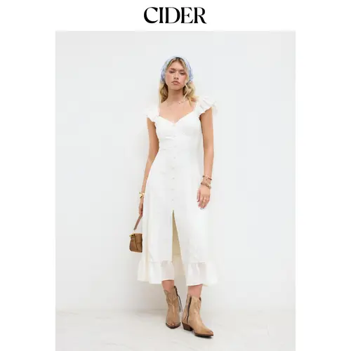 Cider Sweetheart Neckline Applique Split Ruffle Hem Midi Dress