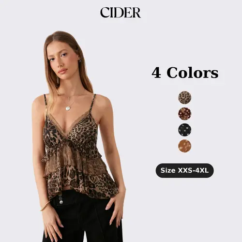 Cider Chiffon Leopard V-neck Lace Trim Cami Top