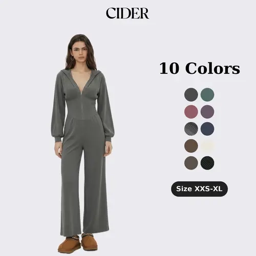 Cider Casual Streetwear Hooded Jumpsuit for Lounge Wear, Elegant Wide Leg Romper, Ladies Long Sleeve Bodysuit, Autumn Daily Outfits, Lady Tracksuits