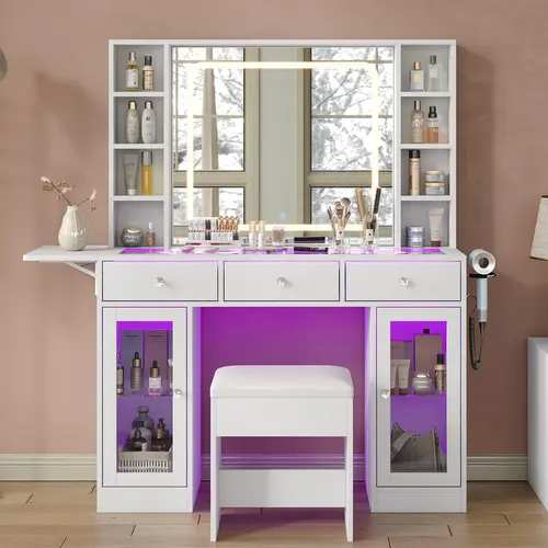 FUSOU Vanity Desk with LED Mirror, RGB Lighted Vanity Desk with Charging Station, 3 Drawers & 2 Glass Cabinets, Makeup Vanity Fold-up Panel & Glass Top, White Vanity, with Chair for Women & Girls Bedroom,Deals For You Days