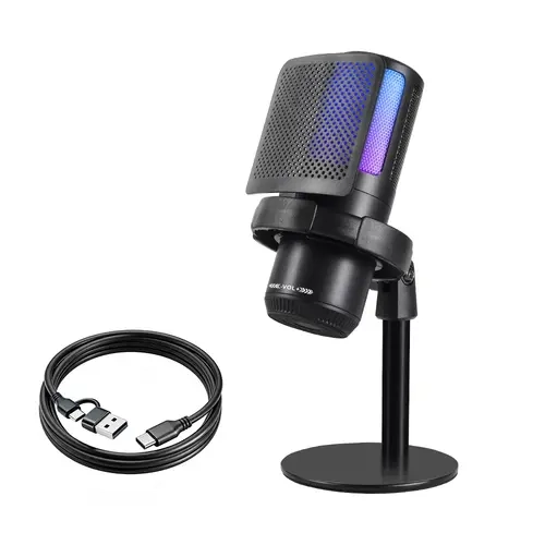 PC Gaming Noise Canceling Condenser Microphone with RGB Light Mute Gain Compatible with Phones and Computers USB Type C Dual Plug for Live Streaming Recording Podcast Chat #Summervibes