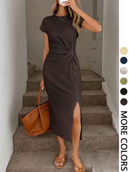 Elegant Waist Twist High Slit Sleeveless Midi Dress, Casual Apricot Textured Bodycon Fitted Dress, Women's Birthday Outfit, Women's Fitness Set, Women's Wedding Guest Dress, Women's Office Wear,  Graduation Dress, Birthday Dresses, Minimalist Basic
