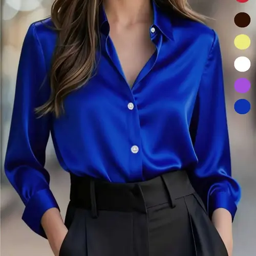 Fashionable Chic Elegant Women's Versatile Smooth Satin Fabric Long-sleeved Fitted Body Hugging Tops Button Blouse Shirts for Commuting Womenswear Tops