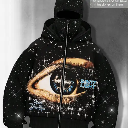Eye Print Double-Hood Zipper Cardigan Men's Hoodie, Graphic Hoodie with Rhinestone Design, Sparkling Starry Sky Galaxy Unisex Hoodie, Euro-American Street Casual Jacket, Fall Winter Fleece-Lined Hoodie
