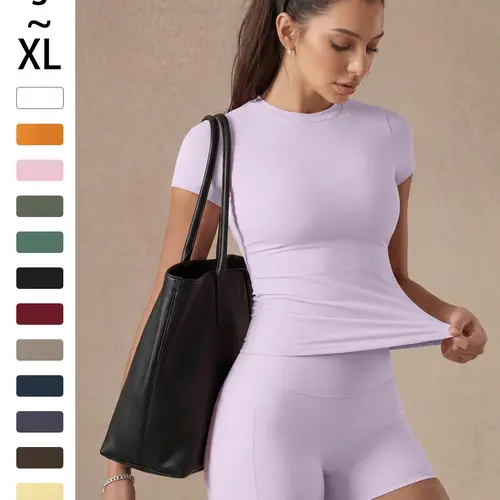 Women's Solid Color Set, Basic Versatile T-Shirt Top, Fashion Multi-Purpose High Waist Sport Shorts, Yoga Fitness, Spring Summer, Athleisure Summer Clothes, Athleisure Wear Set, Exercise Clothing Set, Athleisure Workout Set, Summer Fitness Outfit
