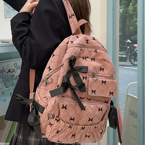Autumn Winter New Korean Bowknot Sweet Cute School Bag, Large Capacity Backpack for College Students, Junior High & Senior High School, Casual Printed School Backpacks