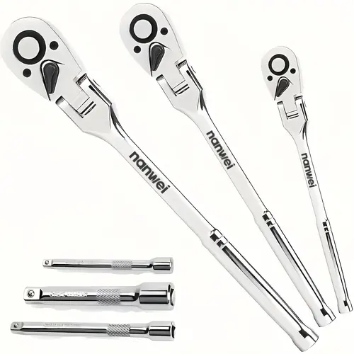 NANWEI 3/6 Extend Reach Ratchet Wrench Sets, 1/4" 3/8" 1/2" Drive Socket Wrench Kit with 72-Tooth Fast Turn Quick-Release Reversible Hand Tools for Mechanics