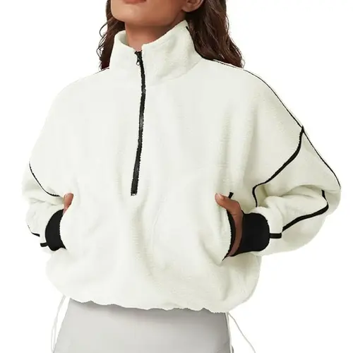 QINSEN Women's Half Zip Fleece Short Pullover Sweatshirt Winter Long Sleeve Cozy Sherpa Sweater Top