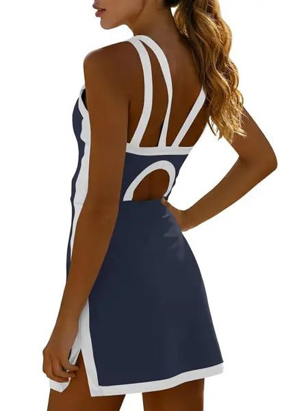Fisoew women's sleeveless halter tennis dress with white piping, open back design, and stylish cutout details at the back, perfect for sports or casual wear #TikTokShopJumpstartSale Workoutdress SummerVibes,summerwins