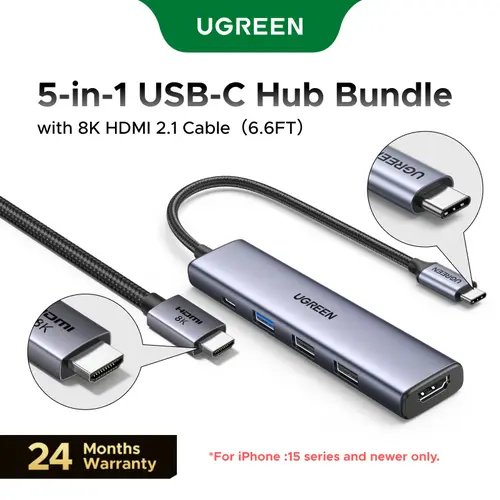 UGREEN USB C Hub 5 in 1 Multiport Adapter（HDMI Cable Not Included) Revodok 105 4K HDMI, 100W Power Delivery, 3 USB-A Data Ports, USB C Dongle for MacBook Pro/Air, iPad Pro, iMac, iPhone 16 Pro/Pro Max, XPS, Thinkpad,Summer Sale tiktokshopbacktoschool, Usb