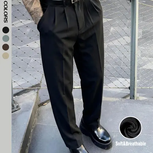 Men's Fashion Loose Fit Dress Pants Casual Solid Color Formal Suit Pants Elegant Wide Leg Elastic Waist Draping Effect Commuting Pants Work Life Clubwear Plain Flat-Front Business Office Pants Formal Workwear Bottoms