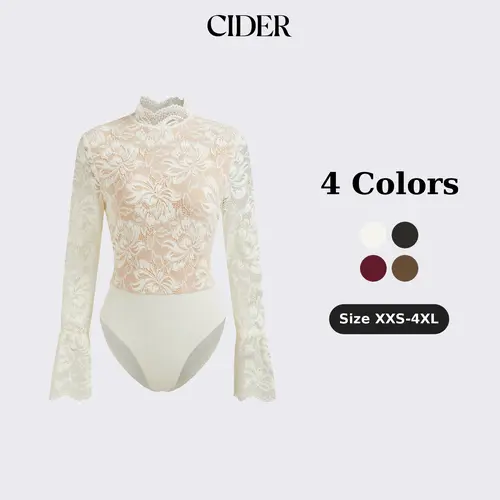 Cider Floral Lace Bodysuit with Stand Collar – Long Sleeve Ruffle Top， Soft Stretch Fabric with Snap Closure