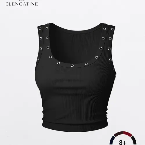 EL ELENGATINE Women's Ribbed Crop Tank Top - Grommet Detail Scoop Neck, Slim Fit Stretch Fabric, Y2K Street Style, Ideal for Night Out/Festival Looks, Easy to Pair with Jeans/Cargo Pants, Tank Tops Concert Wear, Night Out Clothes for Women Basic