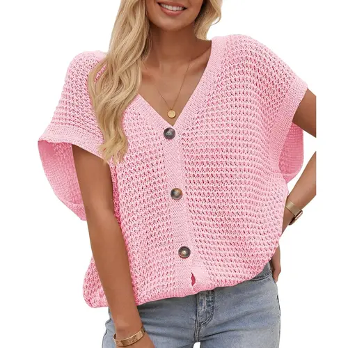 FISOEW Womens Open-Knit Short-Sleeve V-Neck Cardigan Loose Casual Knit Top SummerVibes,summerwins,summeroutfits,vacationoutfits,beachoutfits