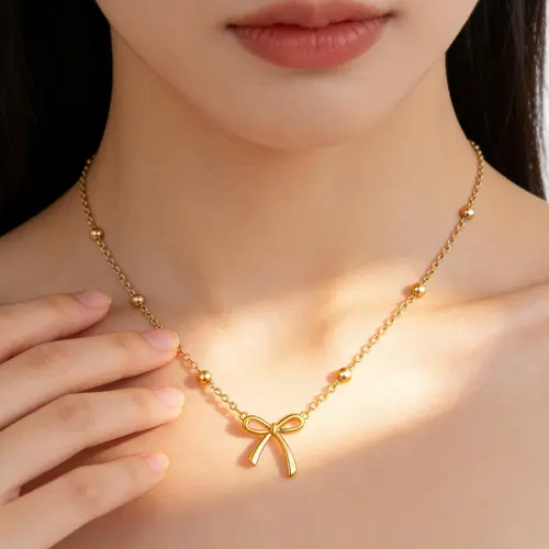 Women's 17KM 14 Karat Gold Plated Bow Choker Necklace - Dainty Tiny Pendant, Adjustable Chain & Link with Lobster Clasp, Bling Effect Gold Plated Necklaces - Adults' Anniversary Trendy Jewelry Gift,sohochic