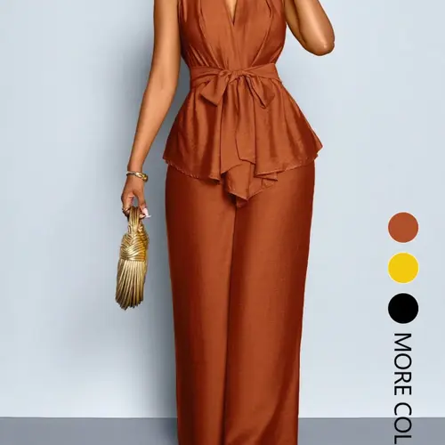 Women's All Seasons Elegant Casual Elegance Basic Fitted Two-Piece Set - Solid-Color Belted V-Neck Sleeveless Shirt & Wide-Leg Trousers Womenswear
